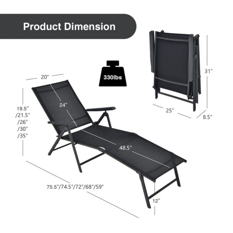 2 Pieces Foldable Chaise Lounge Chair With 2-Position Footrest
