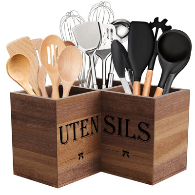 Très grand comptoir porte-ustensiles pour comptoir de cuisine en coin, peut contenir 40 ustensiles, amovible, diviseur, économiseur d'espace, organisateur d'ustensiles de cuisine de ferme (brun acacia)