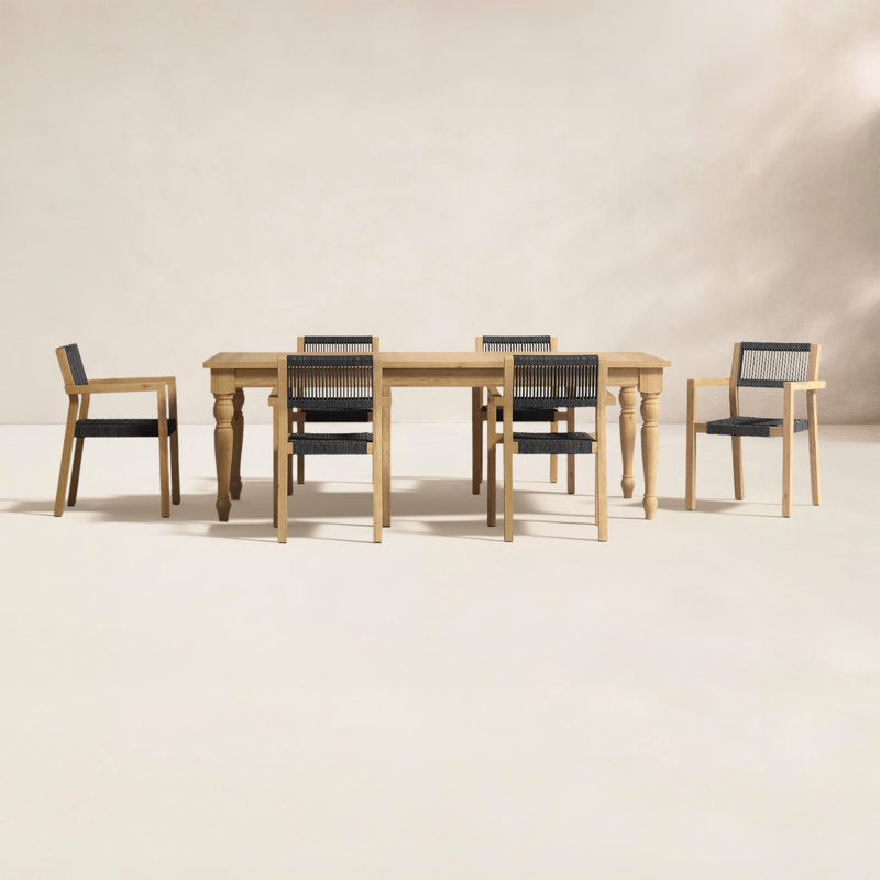Ensemble repas d'extérieur en teck récupéré massif Morones avec table à pieds tournés et fauteuils en corde noire
