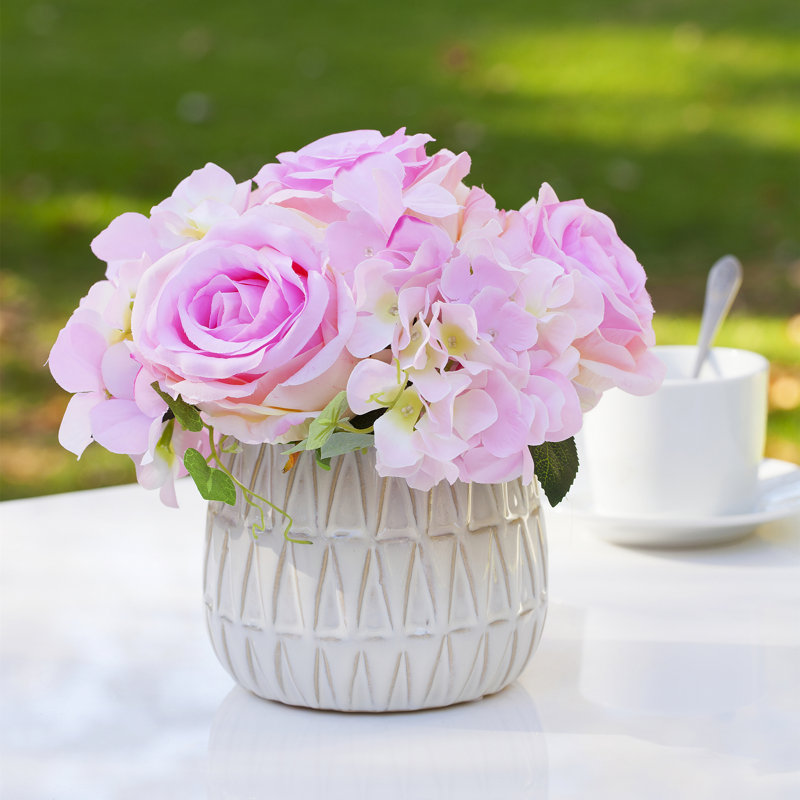 Centre de table hortensia artificiel mixte en pot, Rose