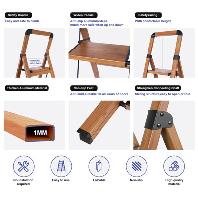 4-Step Folding Step Ladder,Aluminum with Woodgrain Finish & Anti-Slip Steps,330 lb. Capacity