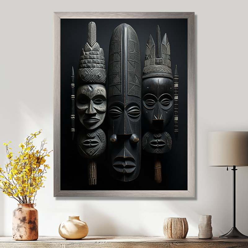 Masque africain sur toile Laesha, H 32 po x l 24 po x P 1 po, Cadre flottant blanc