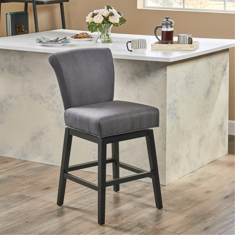 Tabouret de bar pivotant polyvalent avec structure en bois et coussin en tissu pour espaces multiples, Gris anthracite