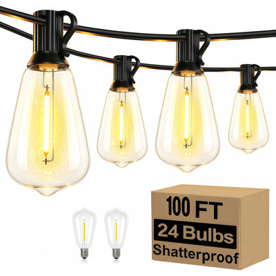 100FT Outdoor String Lights Waterproof, 2700K Warm LED Patio Lights with 24 ST38 Shatterproof Vintage E12 Bulbs, Black Wire Connectable Edison String Lights with Hooks for Outside, Garden, Balcony, Porch