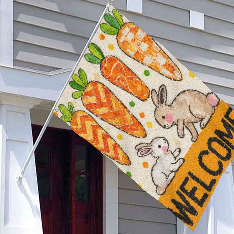Drapeau de bienvenue Bunny Carrot, pour intérieur et extérieur - L 70 x l 47, Orange / blanc / lapin noir carotte - bienvenue