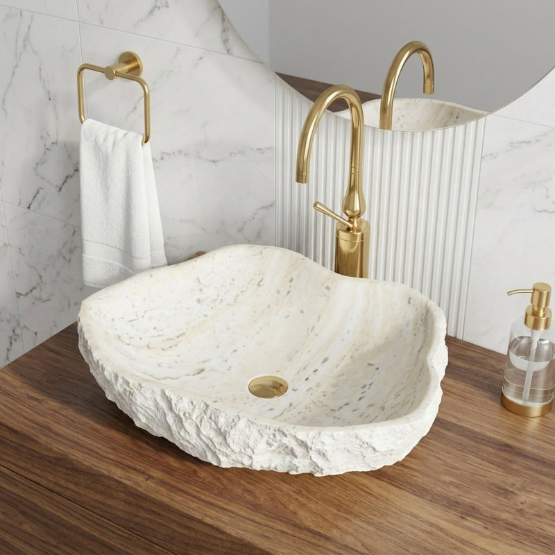 Lavabo de salle de bain vasque ovale à surface solide 19 "avec extérieur en pierre ciselée en gris et blanc moucheté