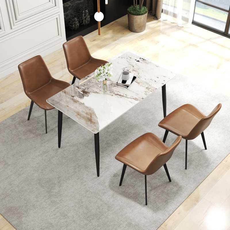 Fairy Nedek 5-Piece Modern Rectangular Dining Table Set With 4 Brown Faux Leather Chairs, Pandora