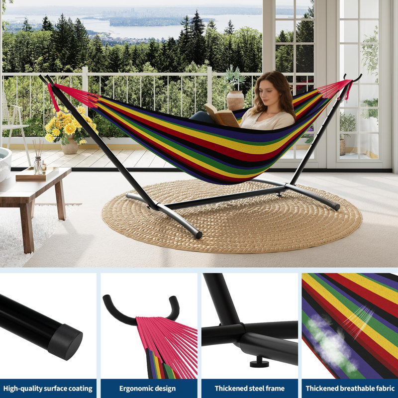 Heavy Duty Double Hammock with Steel Stand, 450lb Capacity Portable Outdoor Hammock for Patio, Garden, Backyard & Camping, Space-Saving Design with Carry Bag Included