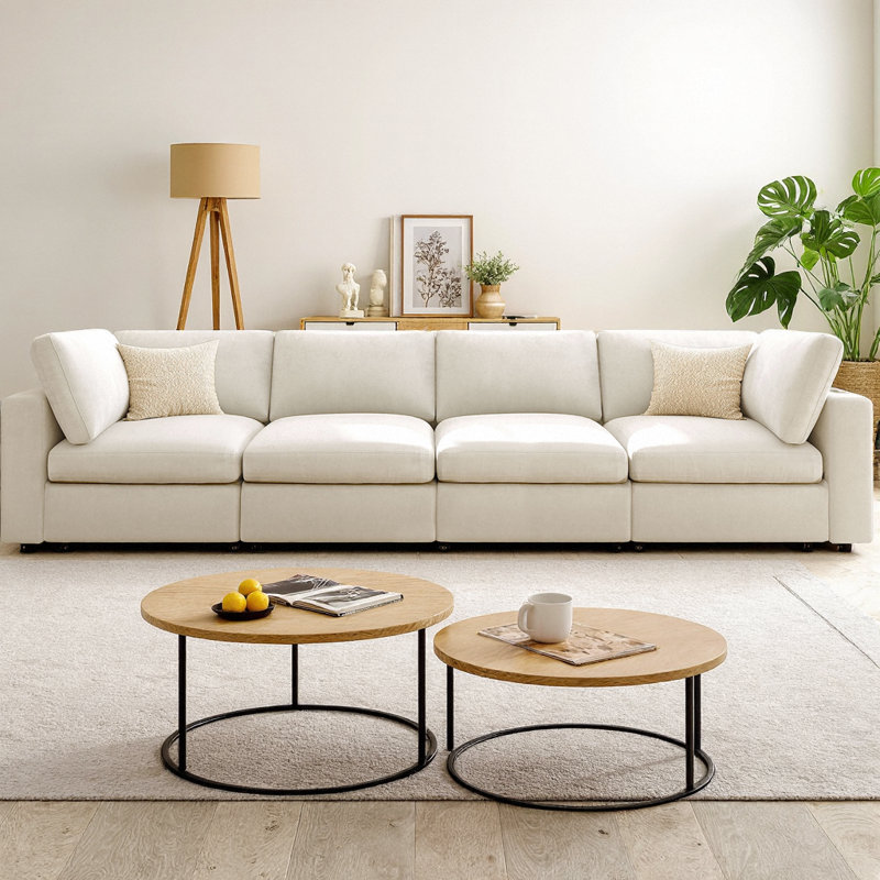 Canapé modulaire rembourré avec espace de rangement, ports de charge USB intégrés, chargement sans fil et haut-parleur Bluetooth, canapé en chenille à 4 places avec structure en bois massif