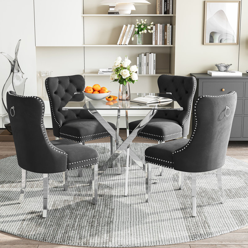 Modern Square Glass Dining Table Set for 4, 36" Tempered Glass Top with Velvet Tufted Nailhead Trim Chairs