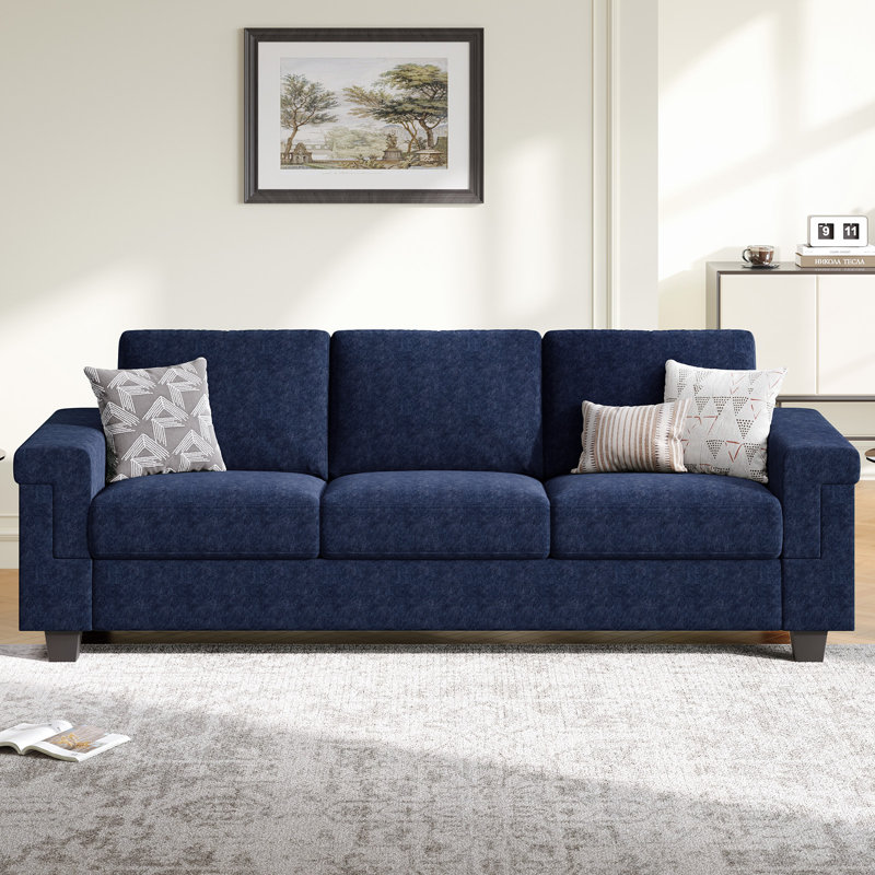 Canapé en polyester à accoudoirs carrés Dereon, Bleu, H 32,7 po x l 90 po x P 35 po
