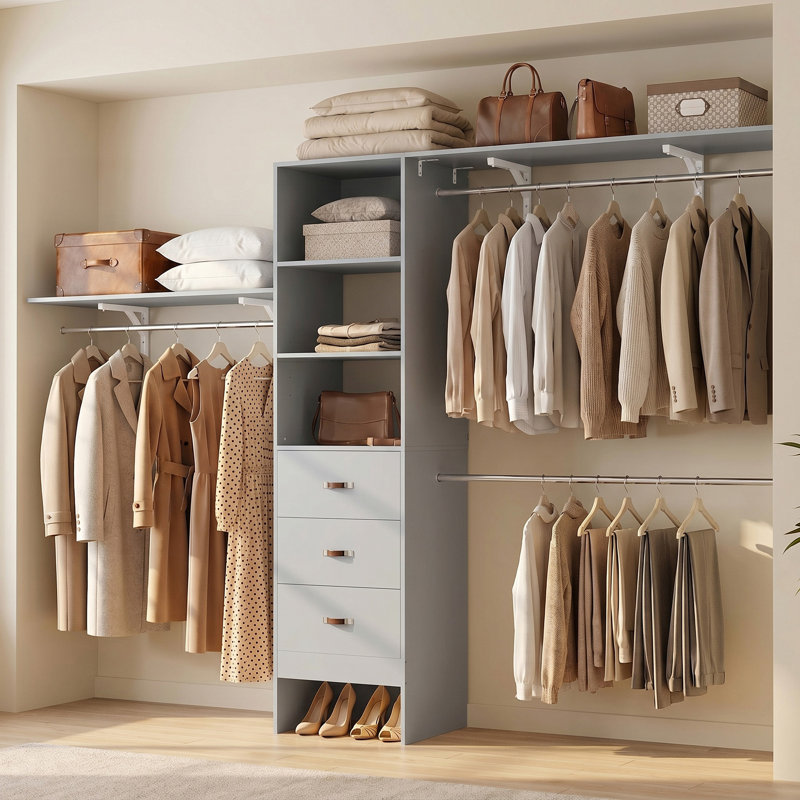 Quion 20.2 - 120 '' W Closet System with Wooden Drawers and Hanging Rods(cut To Fit), Gray