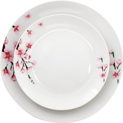 Herry Blossom Porcelain Dinnerware Set, Floral White And Pink Dish Set, Service For 4 Or 6, Plates And Bowls, Microwave & Dishwasher Safe