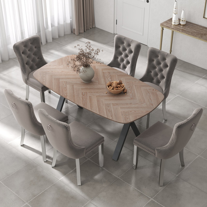 Rectangular Wooden Dining Set with Tufted Dining Chair, 29.5"H x 71"L x 35.4"W, Gray