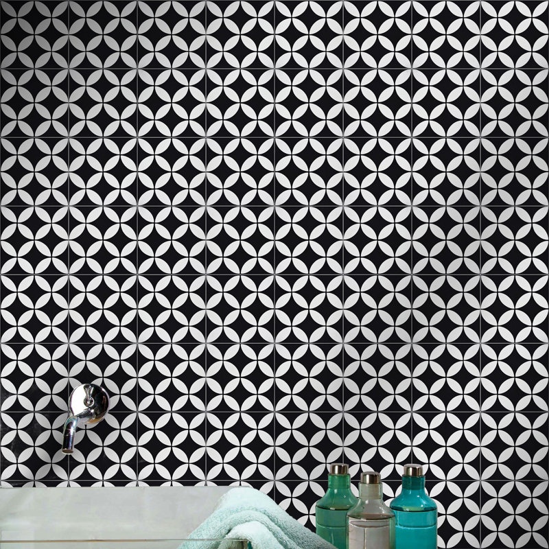 Amlo 8" x 8" Cement Patterned Wall & Floor Tile, White/Black