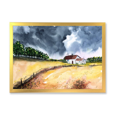Champ jaune avec des arbres et une petite clôture, fermes - peinture sur toile
