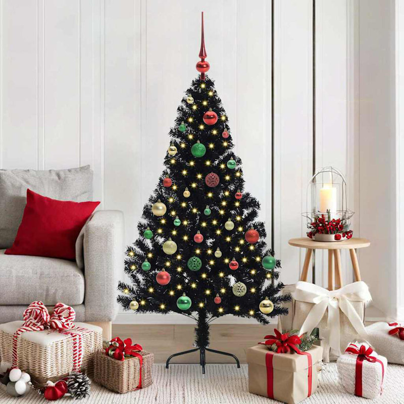 4.92' H Lighted Artificial Christmas Tree, Black, 150 cm, with 61 Multicolour Balls
