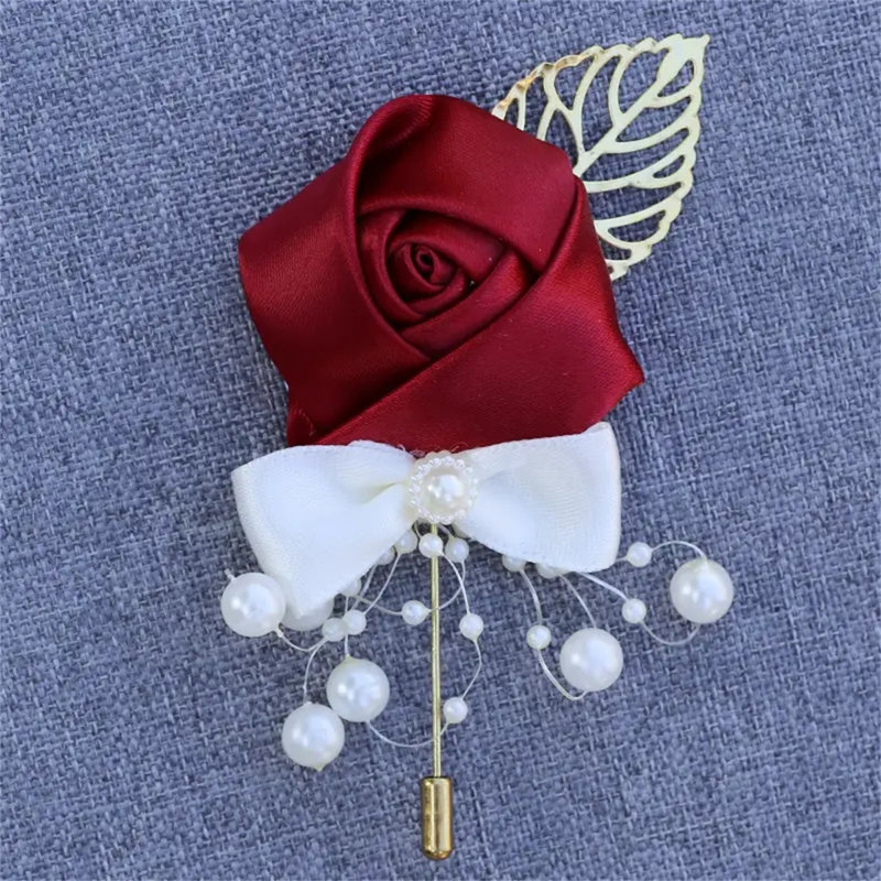 8 pièces / ensemble de corsages de roses artificielles avec épingles, Rouge