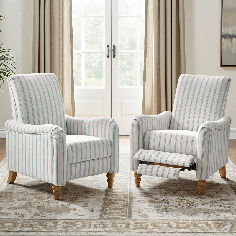 Fauteuil inclinable Arathi Farmhouse avec pieds en bois massif, Beige/bleu