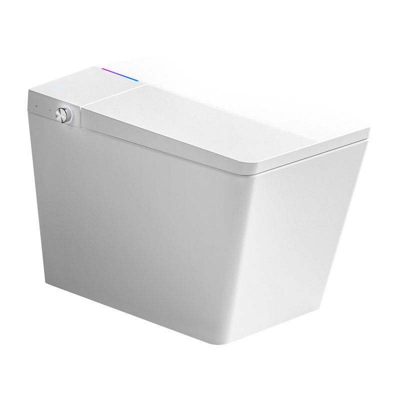 Modern Bathroom Square Smart Toilet With Attached Tank - Remote-Controlled, Auto-Flush, Heated Seat, Led Monitor, User Tailored Choices, White Hue Built-In For Bath Remote Command, Auto Flush