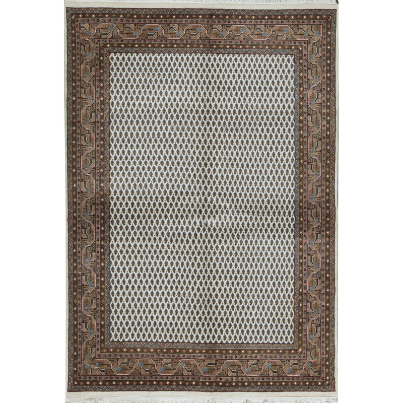 Tapis brun et blanc de haute qualité noué à la main, Rectangle 5 pi 5 po x 7 pi 8 po