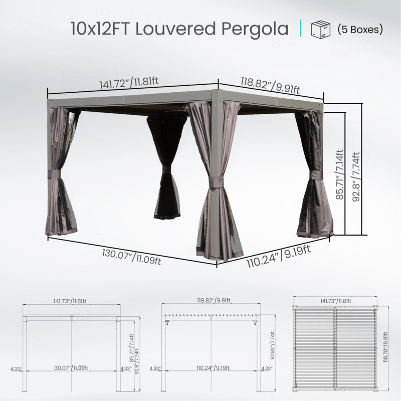 Pergola d'extérieur 10 x 12 pi avec persiennes réglables, Gris