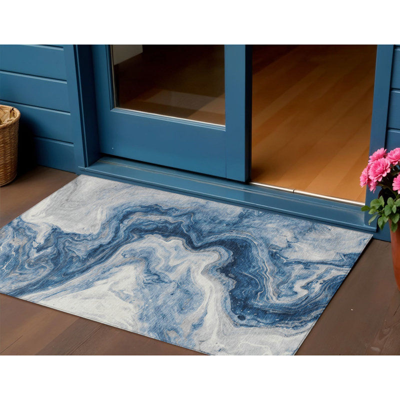 3' X 5' Navy Blue And Silver Abstract Washable Indoor Outdoor Area Rug
