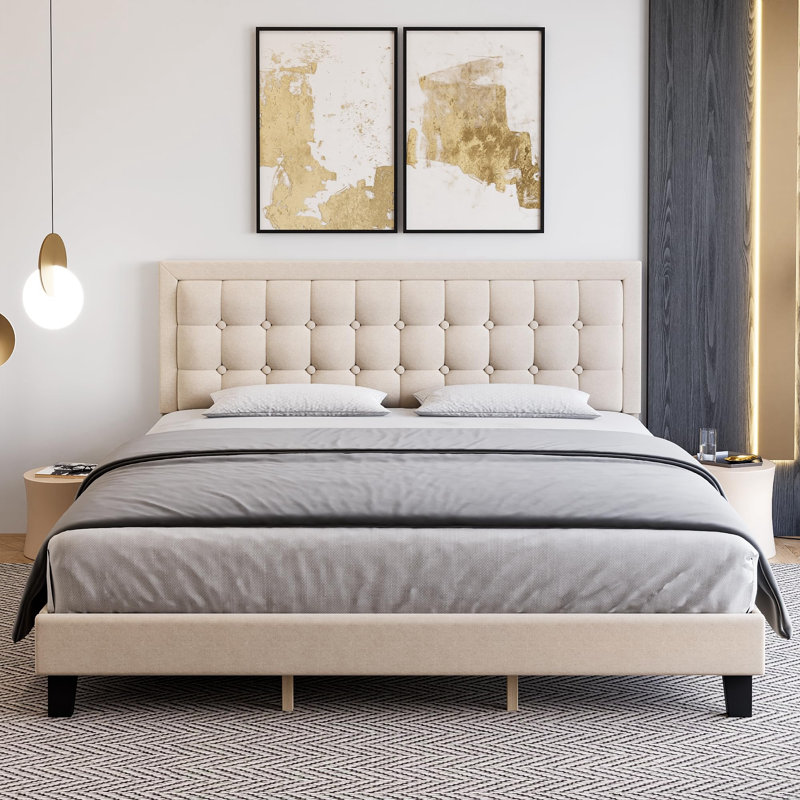 Lit plateforme tapissier Nourdane, Beige, Double