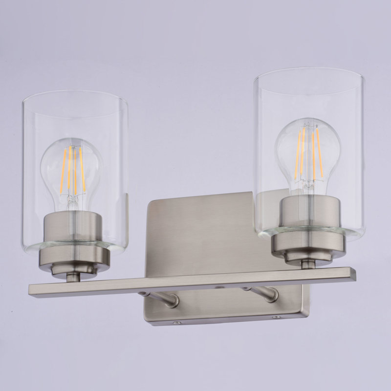 Hitchin Transitional Bathroom Vanity Lighting Fixture, Clear Glass Cylinder Shade, Dimmable, LED Compatible, Reversible Over The Mirror Mounted Steel Wall Sconce