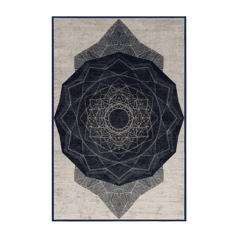 Tapis géométrique d'inspiration mondiale Mandala lavable à la machine en gris - reliure marine, 5 x 8