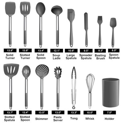 15 Pcs Silicone Cooking Utensil Set, Non-stick Heat Resistant, Dishwasher Safe, Bpa Free, Gray