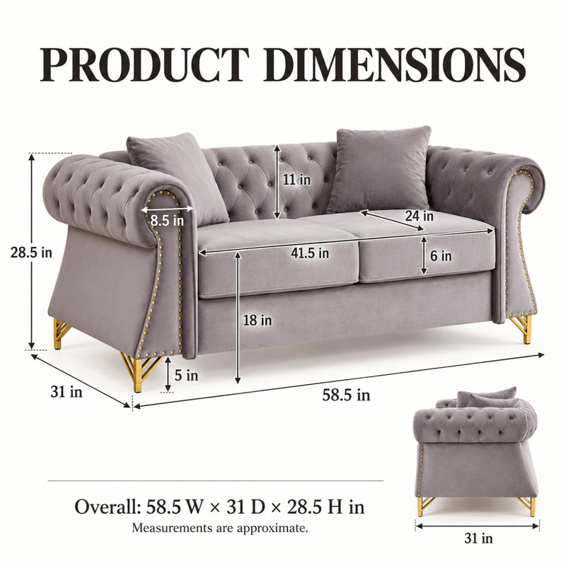 Causeuse Chesterfield Chisholm 58,5 po, Gray