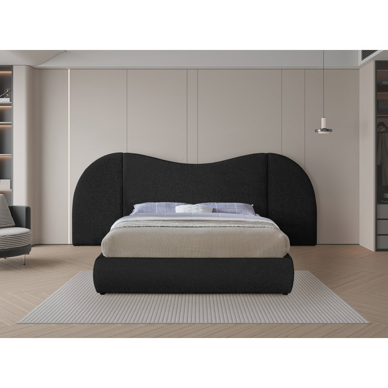 Hyrup Upholstered Panel Bed, Black Boucle Fabric, Queen