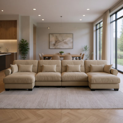 U-Shaped 4 Deep Seater Sectional Sofa With 2 Movable Ottomans & Pillows