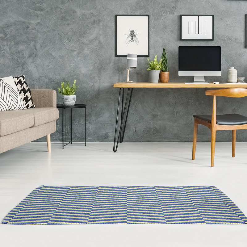 Tapis gris/ivoire/bleu à rayures rompues, Rectangle 5 pi x 7 pi