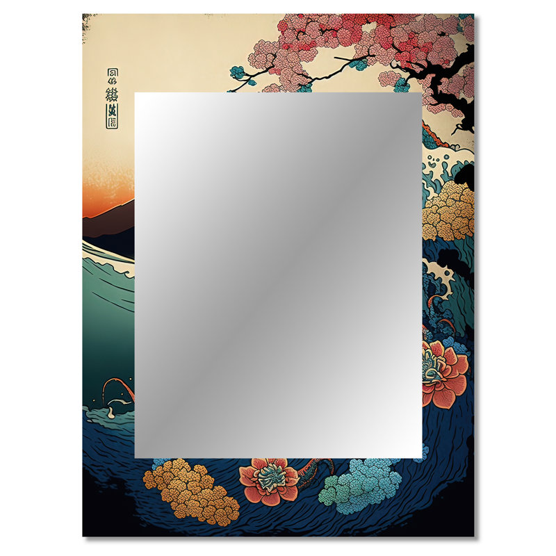 Paysage japonais avec Lezard - miroir mural décoratif japonais, miroir traditionnel, impression d'art en métal, 40 po x 30 po