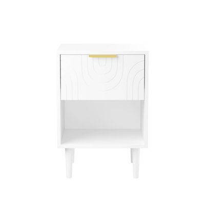 Modern White Nightstand At 23.08'' Height, One Drawer And Open Shelf, Gold - Accented Pull, Bedroom Organization Solution, Simple Assembly Method Aid, Quick