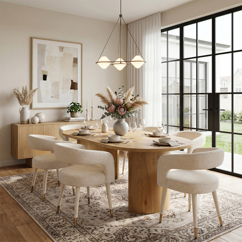 Modern 79" Oval Dining Table Set With 6 Upholstered Dining Arm Chairs, Khaki
