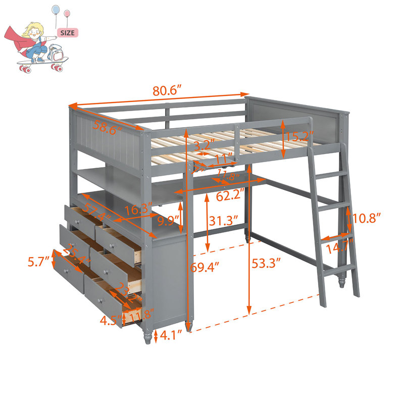Lit mezzanine double Hikmah Kids, gris