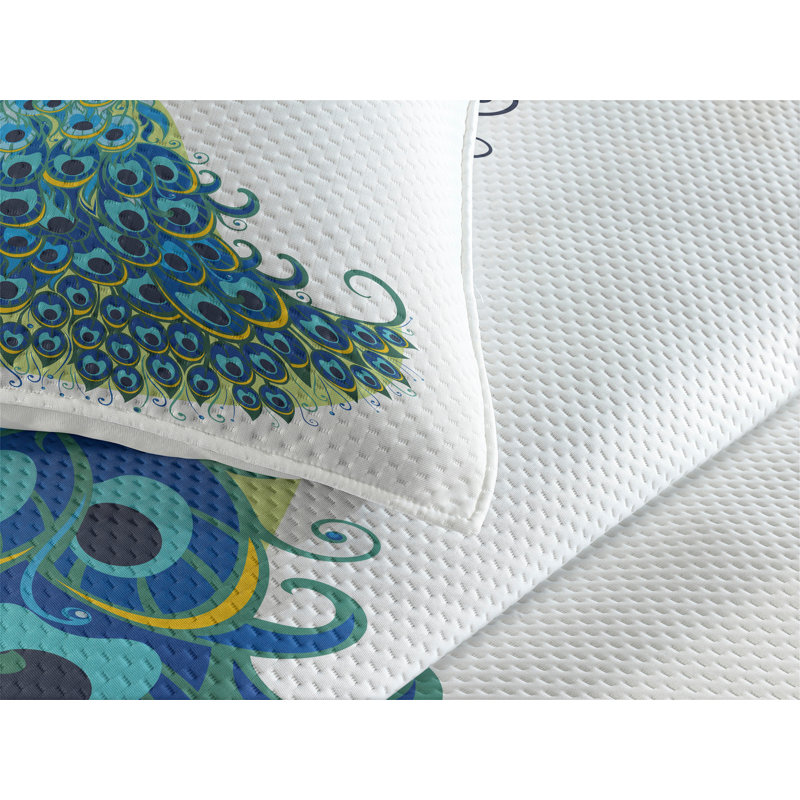 White Twin Quilted Bedspread Set with Peacock Design