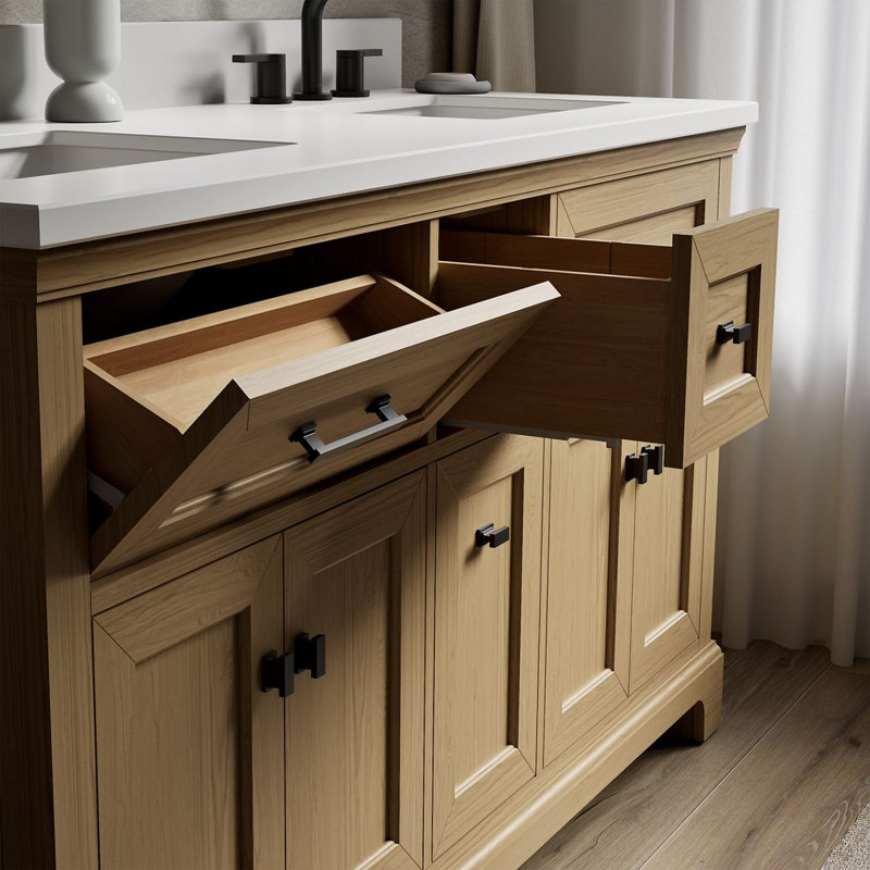 Charlemont 60 In. Bathroom Vanity Cabinet With Sinks And Quartz Top, Light Oak