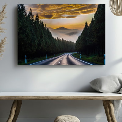 Canvas A Serene Winding Road Stretches Into The Distance Bordered By Wall Art Towering Lush Pine Trees With Dark Green Needles That Canvas Wall Art