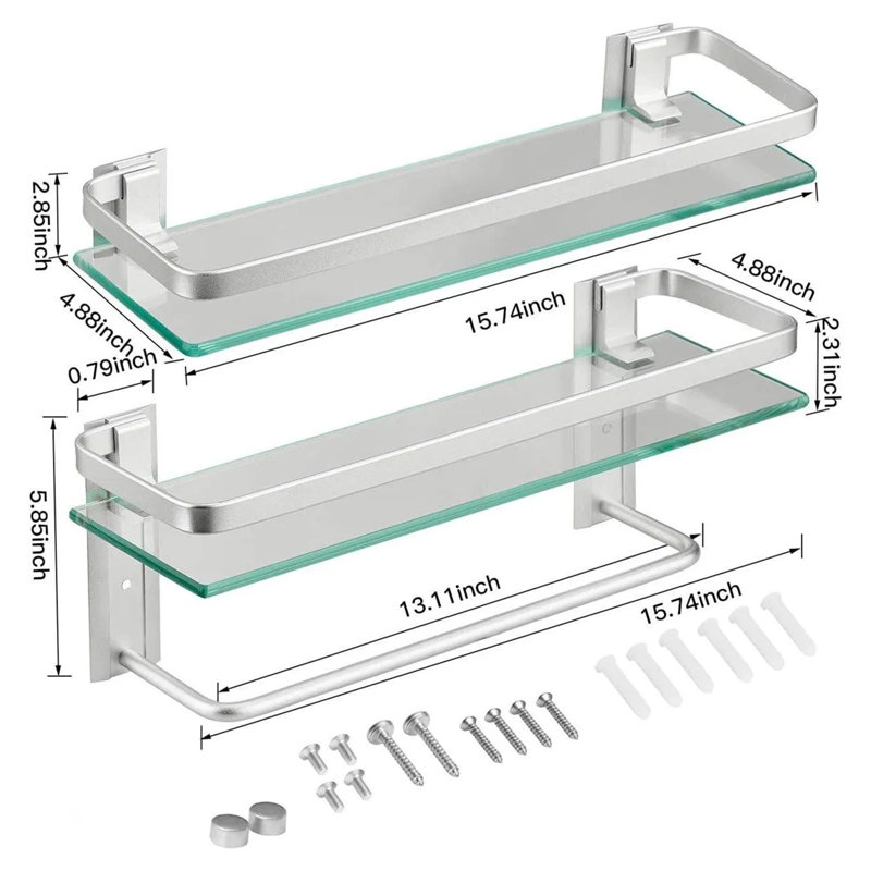 Bathroom Shelf Wall Mounted Floating Glass Shelf with Towel Rack 2 Tiers, Silver