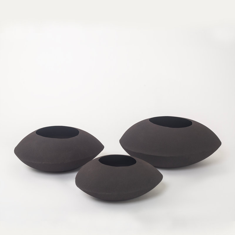 Handmade Cairn Bowl Metal Planters In Mocha Charcoal – Set Of 3 (Small, Medium, Large) With Drainage