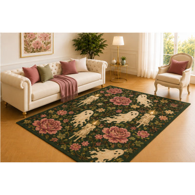 Tapis fantôme rose 5 pi x 7 pi, motif floral vert foncé avec des esprits flottants et des bougies, décoration gothique pour la chambre à coucher, le coin-détente ou la salle de lecture