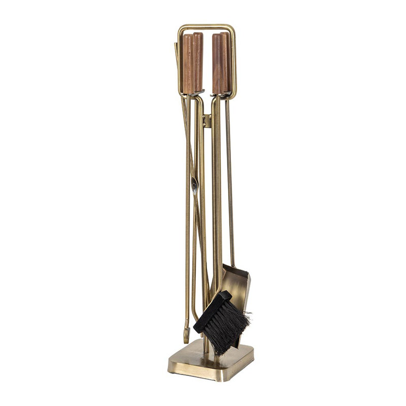 Aged Brass and Walnut Wood 5-Piece Fireplace Tool Set