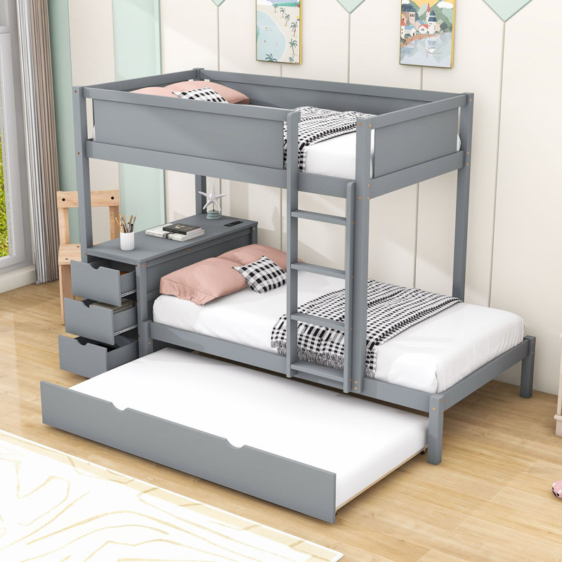 Kaleis Bunk Bed With Storage Drawers, Outlets, USB Ports And Safety Guardrails, Gray, Twin over Twin