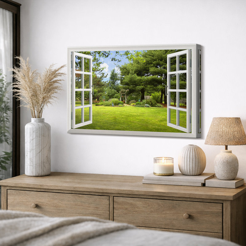 Fenêtre de paysage «Spring Green Garden Backyard Art, Serene Calm Natural Landscape Wall Images, Large Encadré, Impression Giclée Sur Toile»