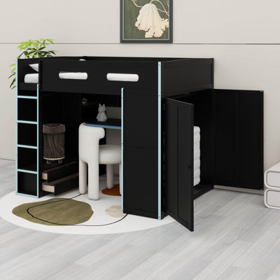 Lit mezzanine double avec bureau, garde-robe, tiroirs, port USB, bande à DEL RVB, lit pour poste de travail