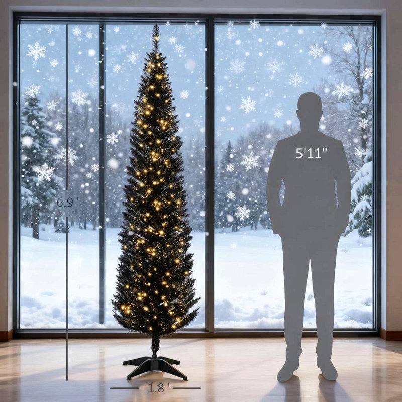 Crayon arbre de Noël noir, Noir, H 7 pi, Illuminée